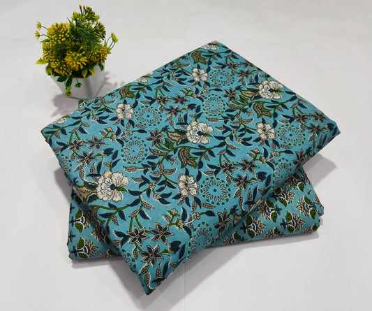 Sky Blue Floral Printed Top & Bottom Suit Set – Stylish Cotton Suit Material (BFTB11)