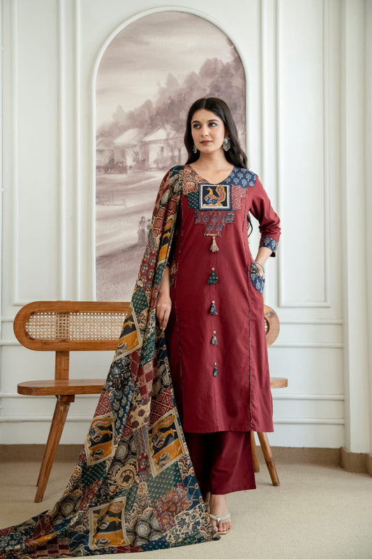 Maroon Pure Cotton Suit Set with Kalamkari Print Dupatta