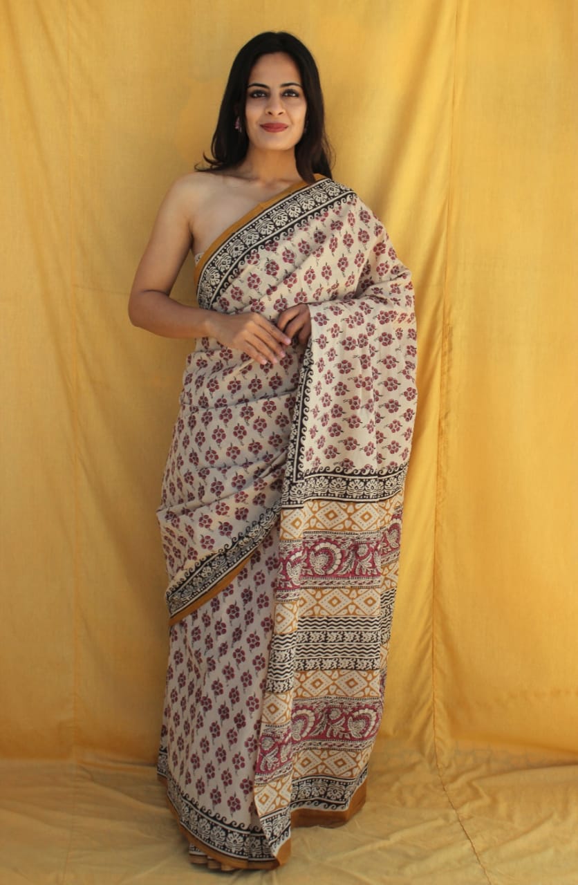 Beige Floral Printed Cotton Saree – Soft Cotton Saree for Women (BFCS21)