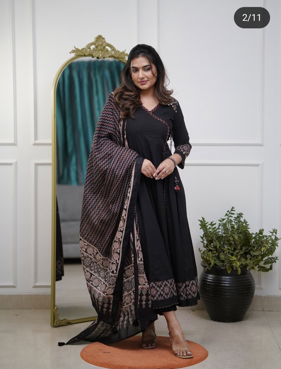 Black Cotton Angrakha Anarkali Suit