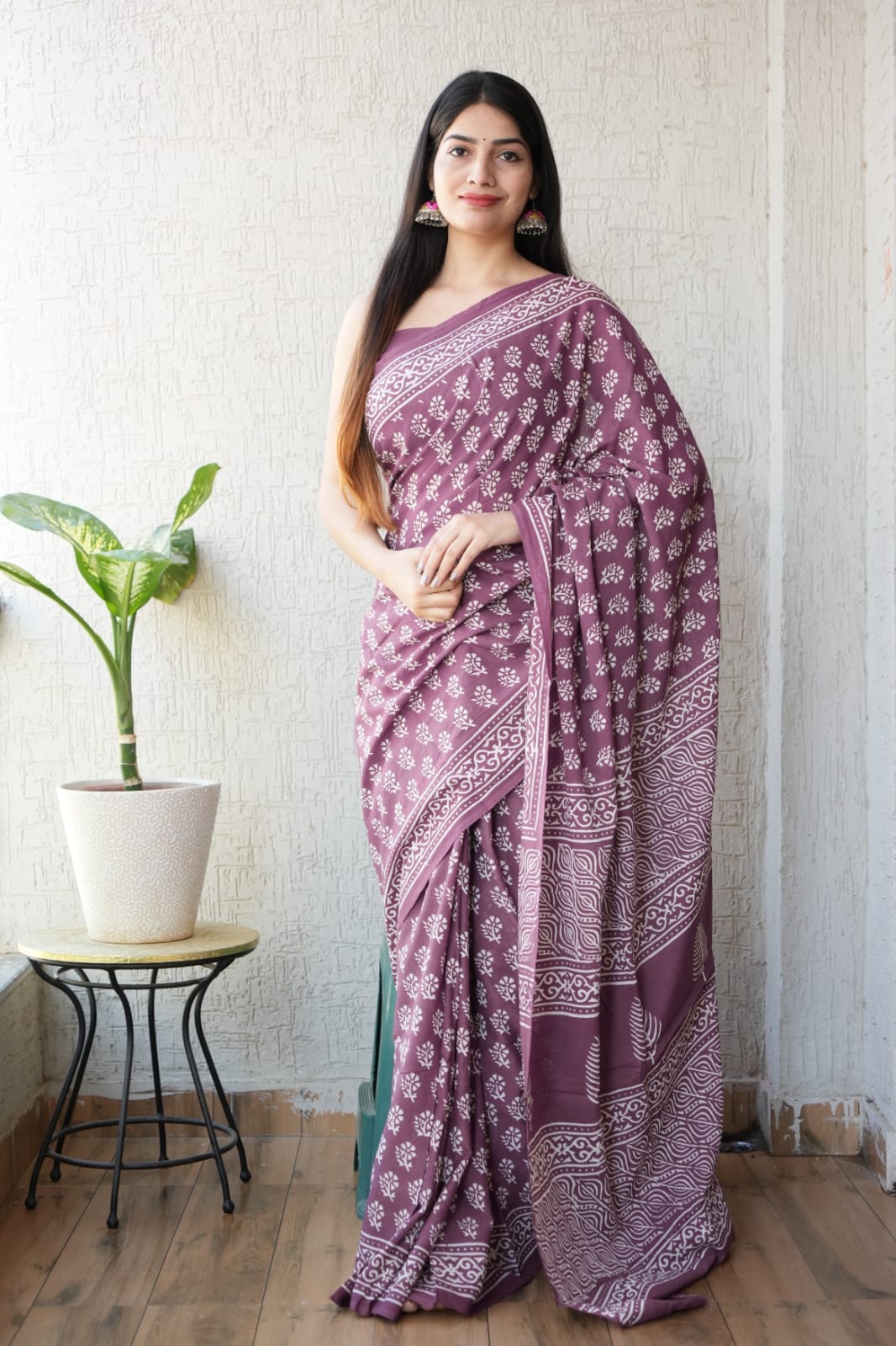 Wine Purple Hand Block Printed Cotton Saree with Blouse (BFCS79)