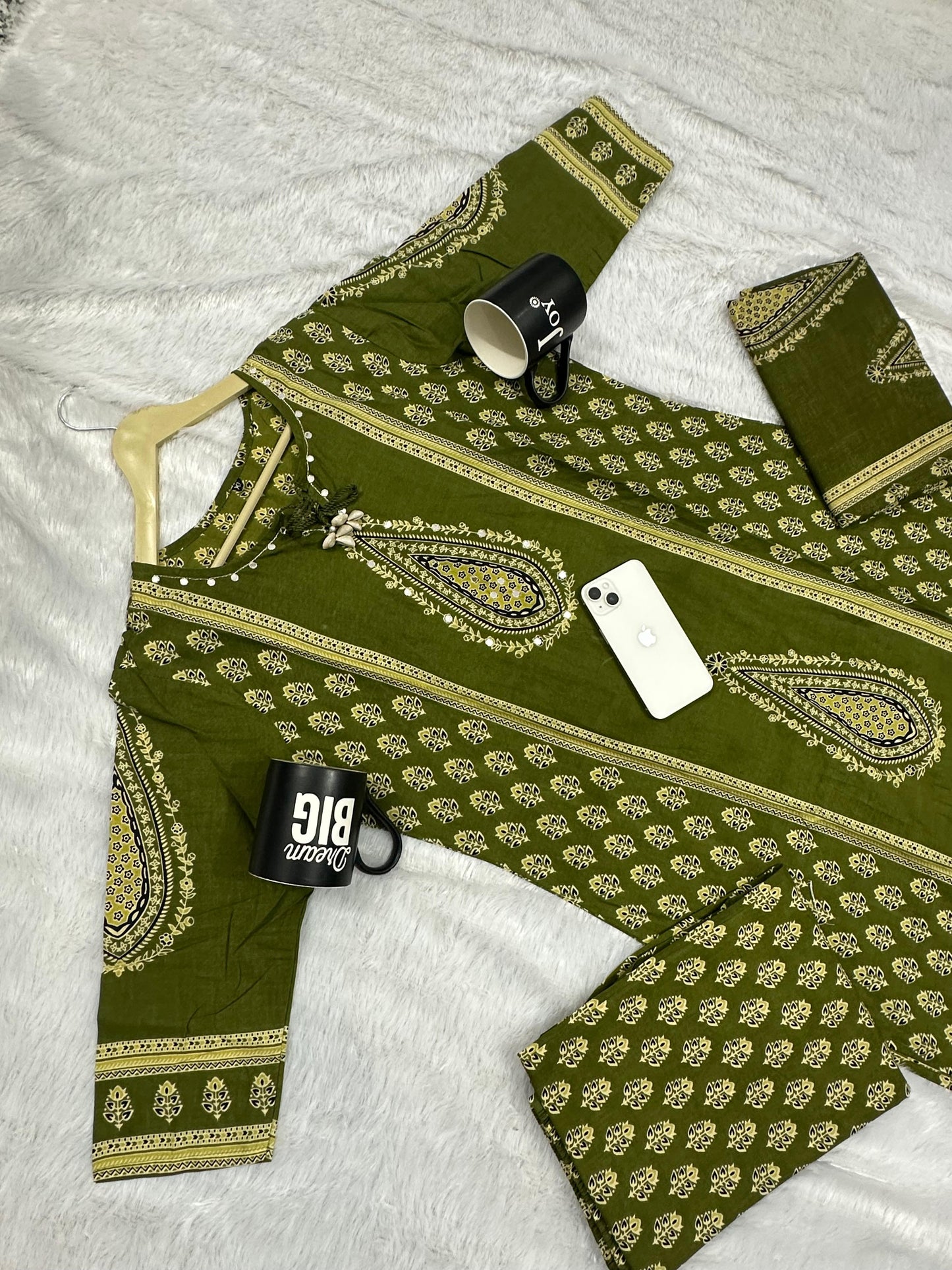 Olive Green Cotton Printed Kurti Pant Dupatta Set