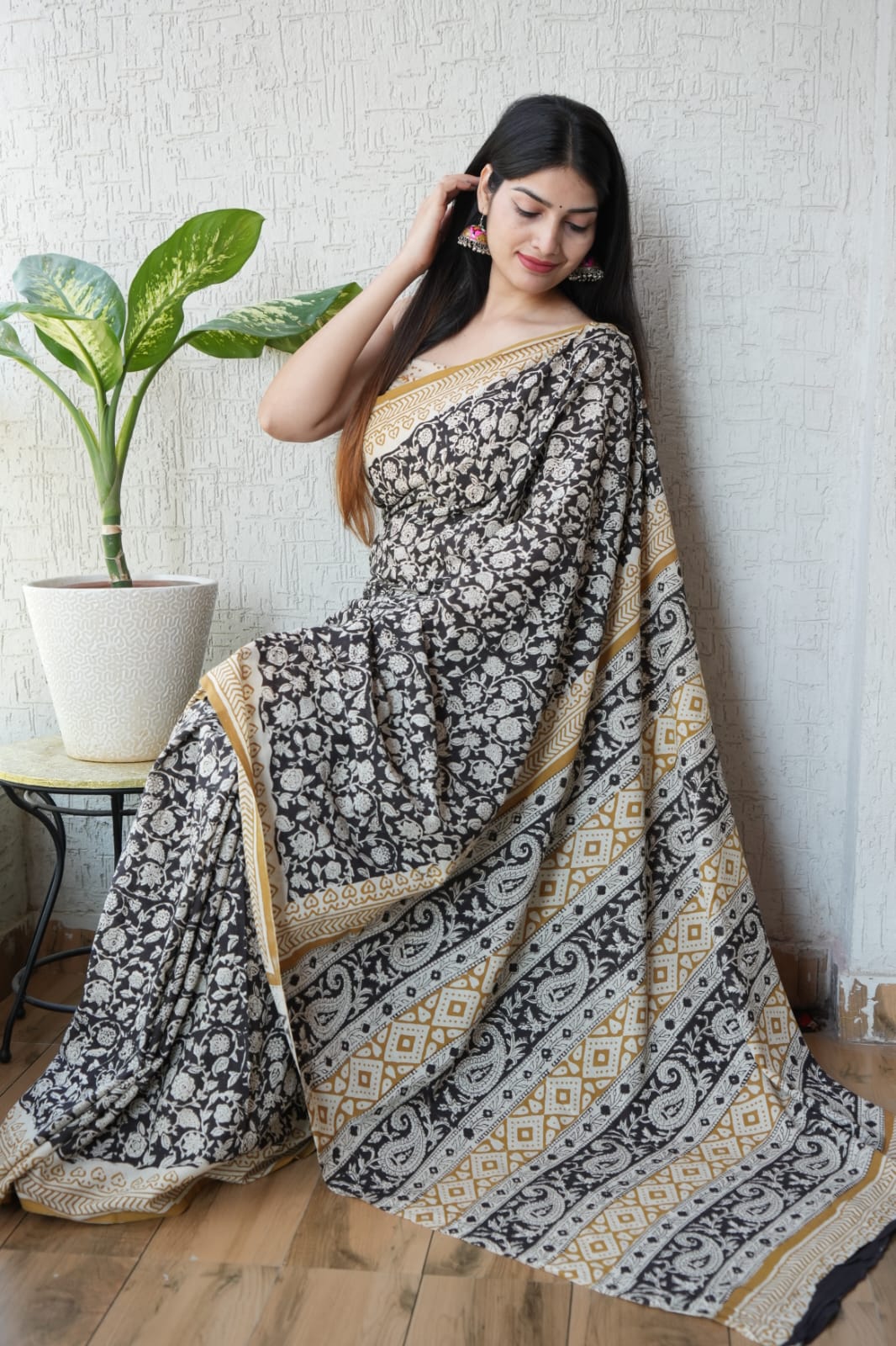 Black Mustard Printed Cotton Saree – Soft Cotton Saree for Women(MVCS44)