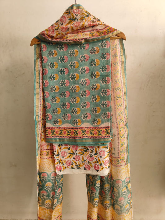 Teal Green & Pink Hand Block Print Chanderi Silk Dress Material |(BFCHS04)