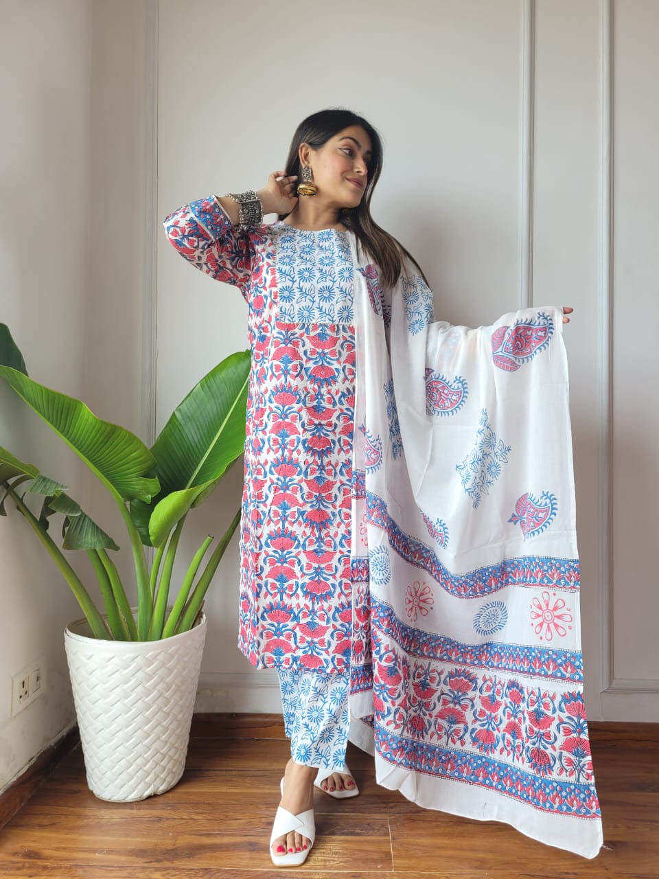 White Floral Printed Cotton Suit Set with Cotton Dupatta for Women