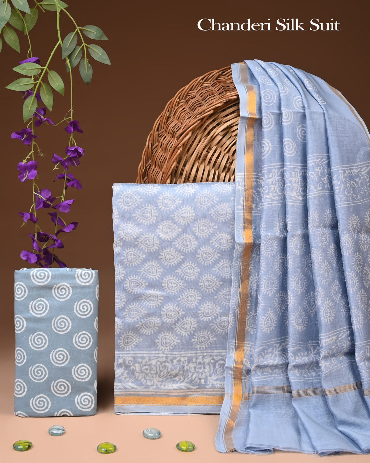 EXCLUSIVE HAND BLOCK CHANDERI SILK SUIT SET WITH CHANDERI DUPATTA