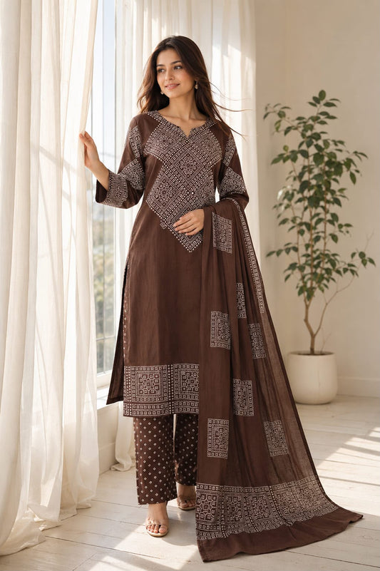 Brown Bandhani Print Cotton Kurti Palazzo Dupatta Set