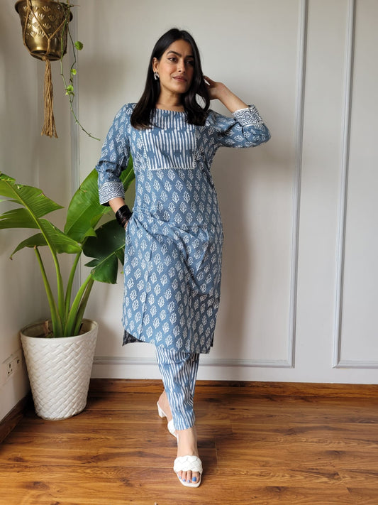 Sky Blue Printed Cotton Kurti Pant Set for Women