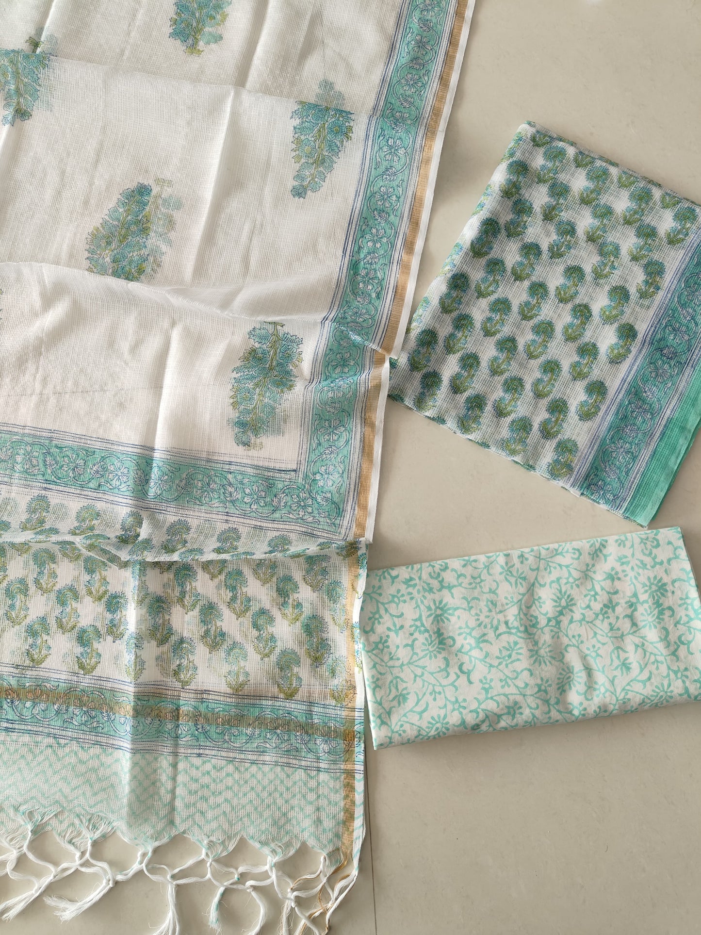 Teal & Green Floral Block Print Kota Doriya Suit  (BFFKO91)