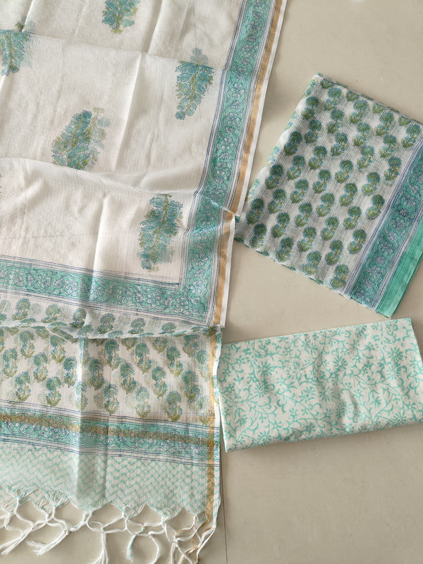 Teal & Green Floral Block Print Kota Doriya Suit  (BFFKO91)