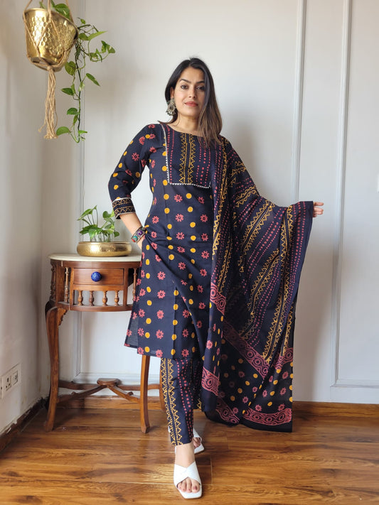 Navy Blue Hand Block Printed Cotton Suit for Women