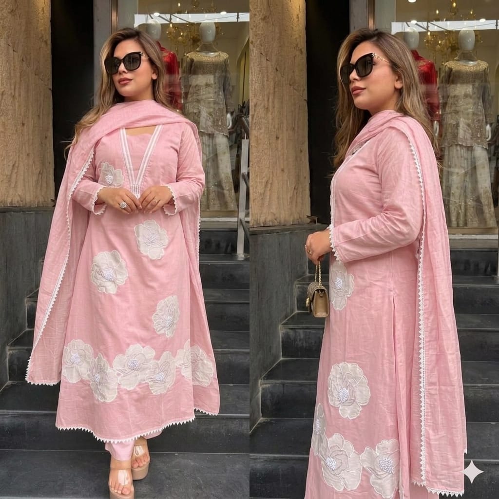 Baby Pink Anarkali Embroidery Patch Work Cotton Kurta Pant Set with Lace Dupatta