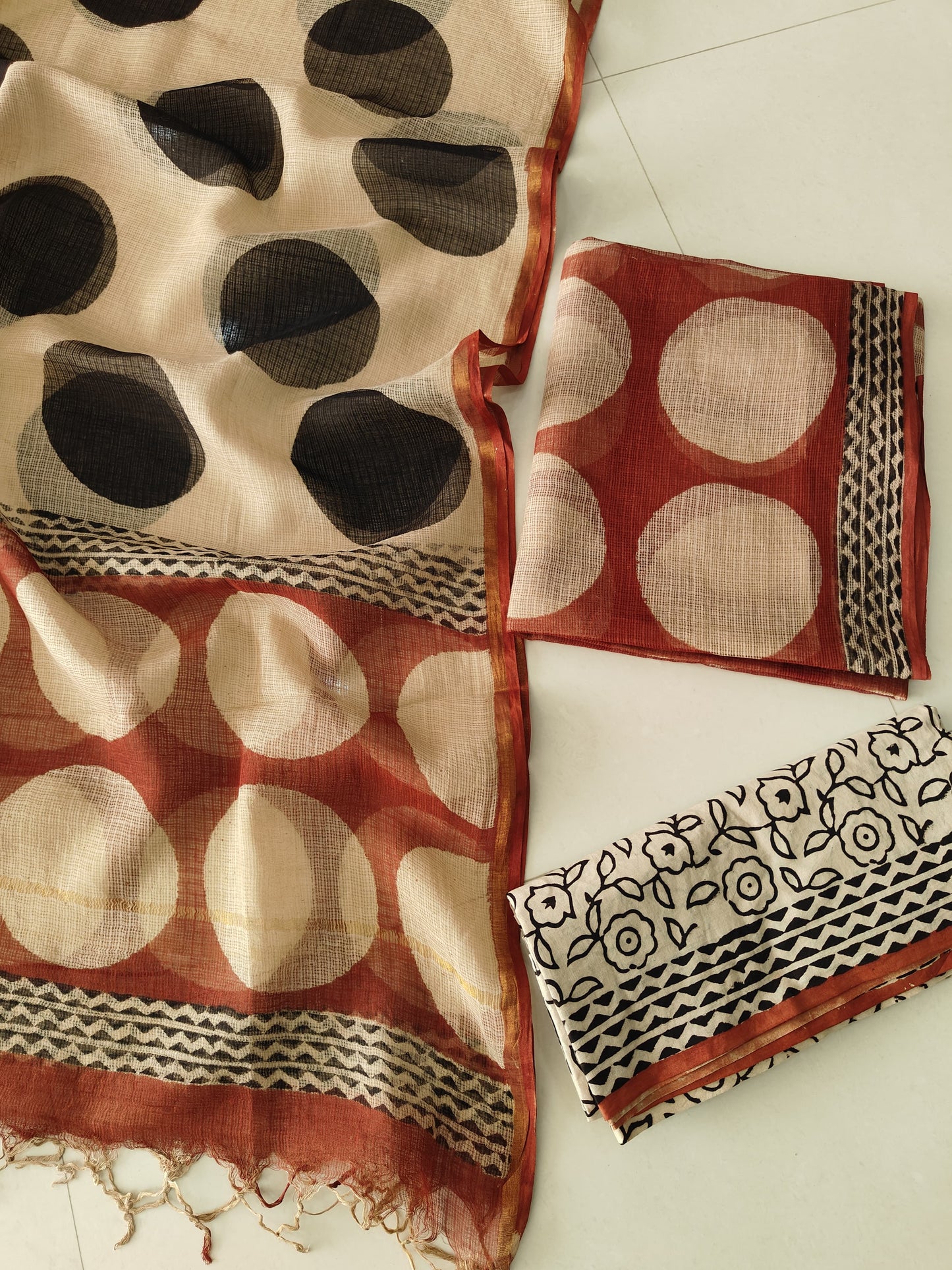 Rust Red & Black Circle Block Print Kota Doriya Suit (BFFKO84)