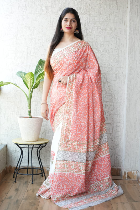 Traditional Authentic Hand Block Printed Pure Organic Cotton Sarees With matching Blouse