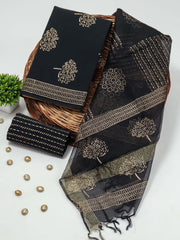 New Floral Hand Block Printed Cotton Suit With Organza Dupatta(BFOR66)