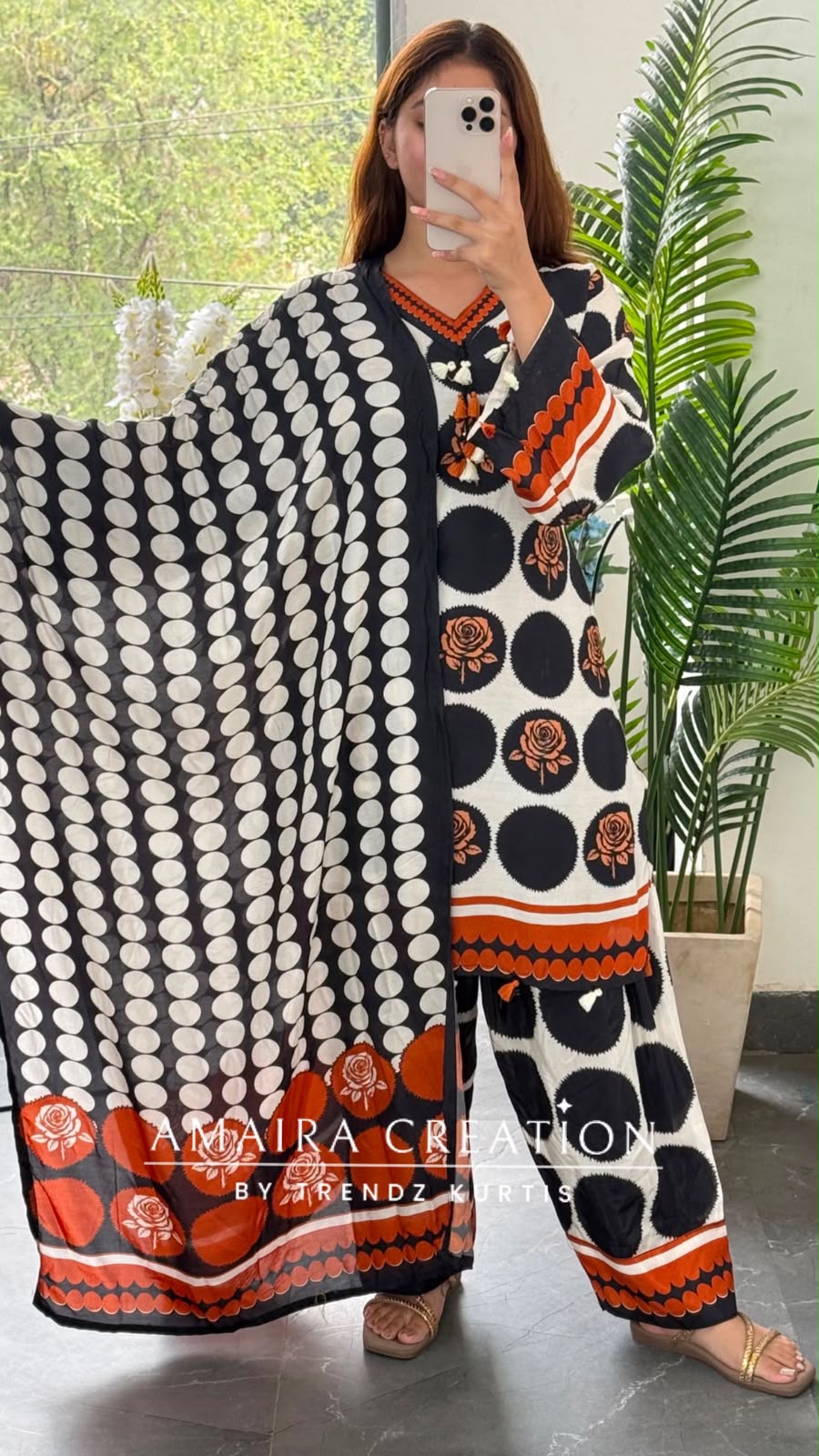 Black & Rust Polka Dot Floral Print Cotton Farshi Pant Suit Set for Women
