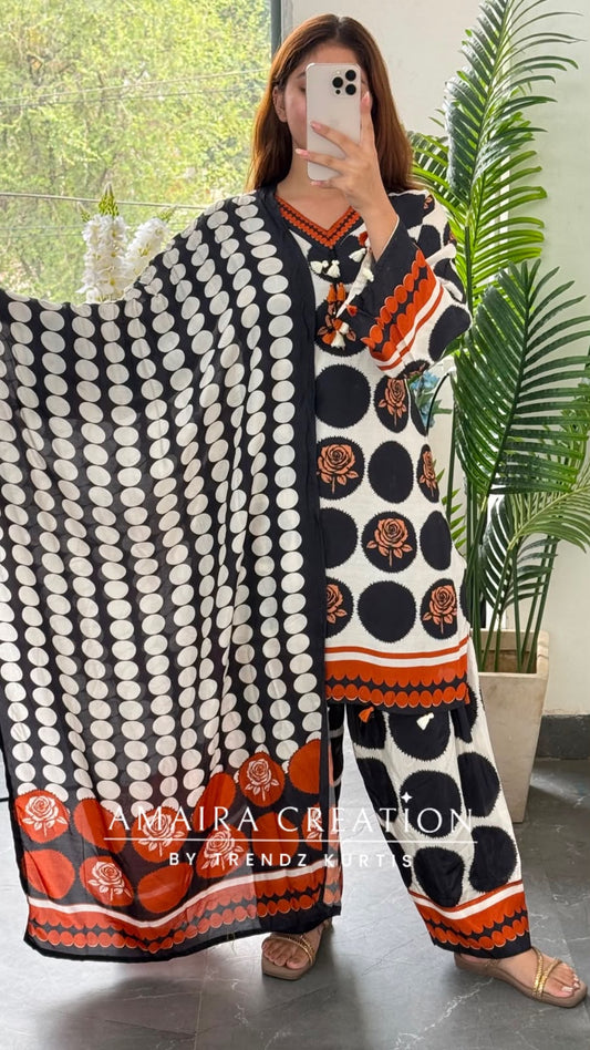 Black & Rust Polka Dot Floral Print Cotton Farshi Pant Suit Set for Women