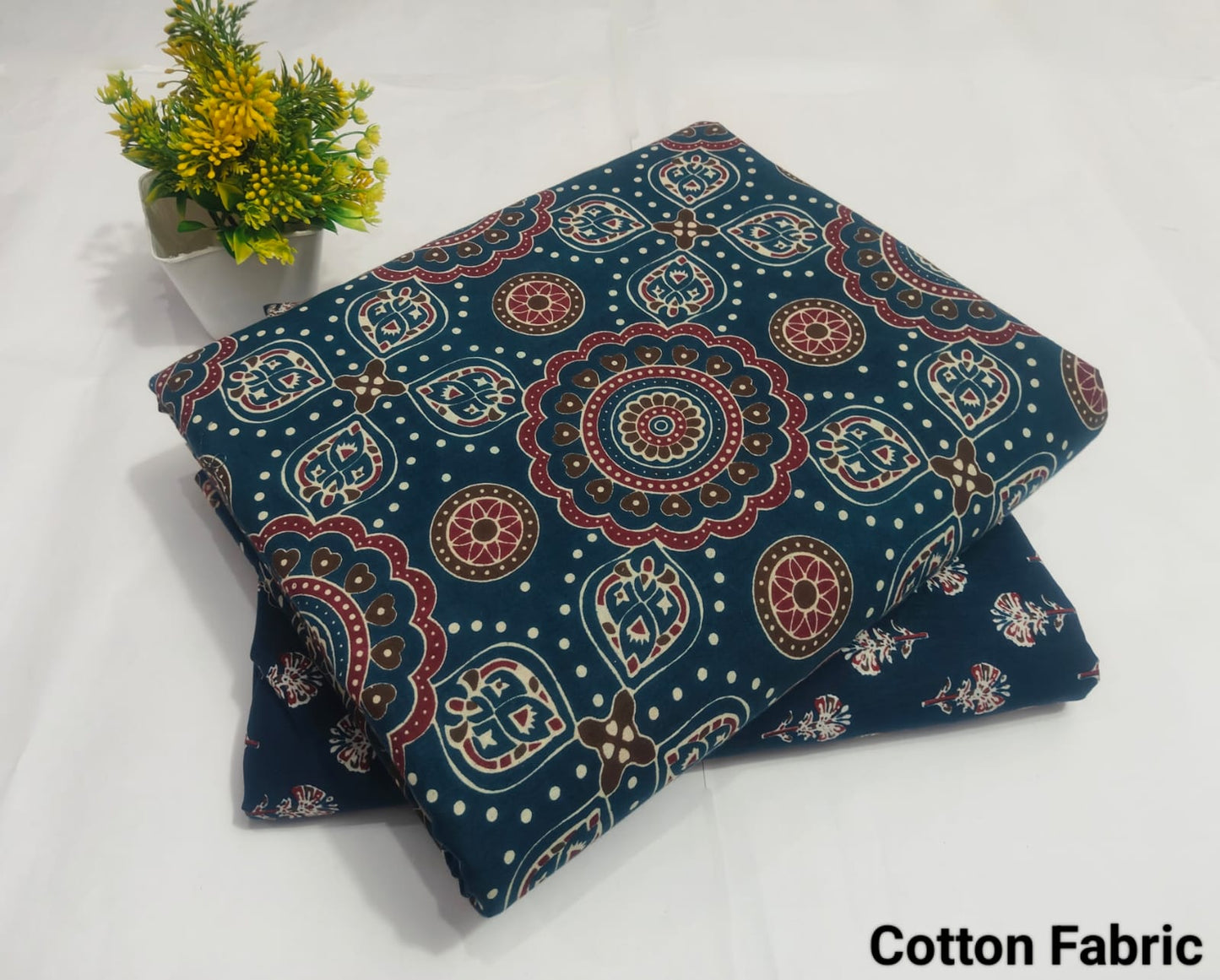 Dark Teal Ajrakh Printed Cotton Fabric (BFTB112)