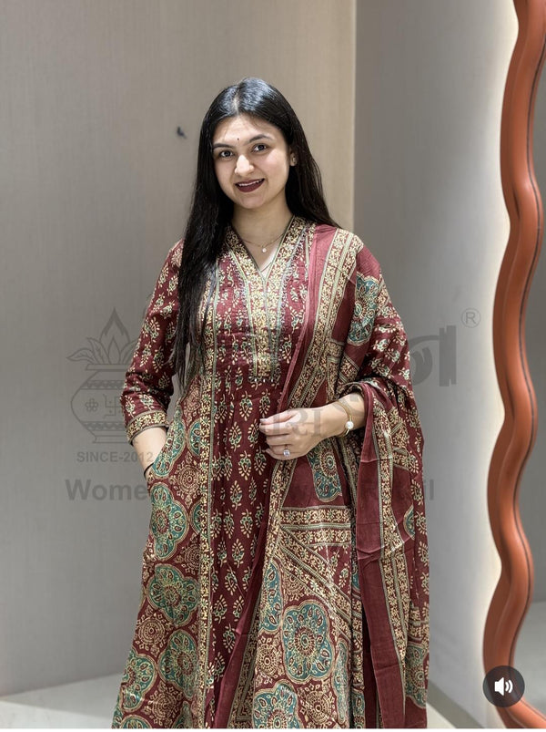 A-Line Flared Kurta Set – Saganeri Print with Adda Work | Maroon