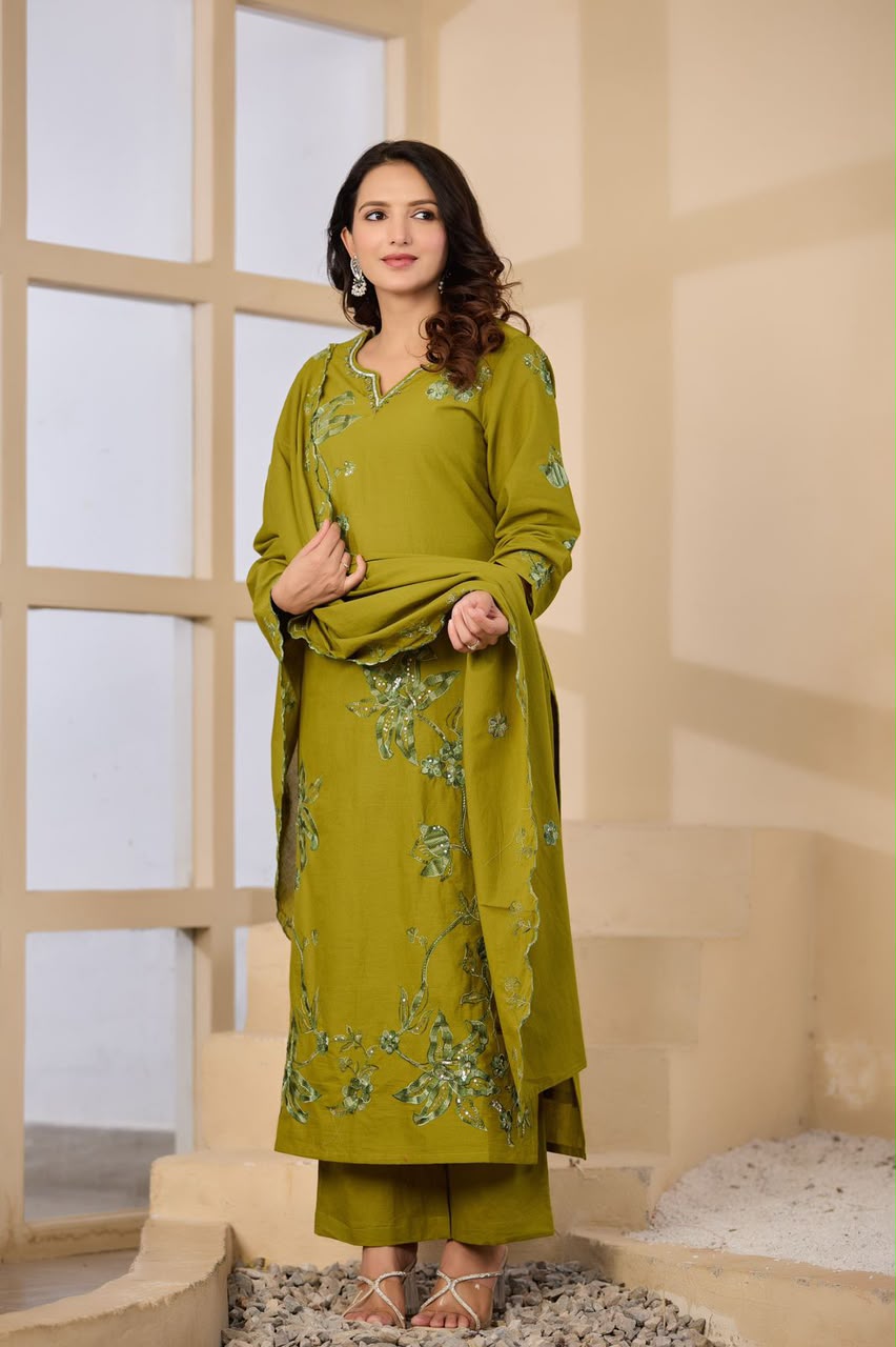 Olive Green Embroidered Cotton Kurta Set with Dupatta | Festive Ethnic Wear