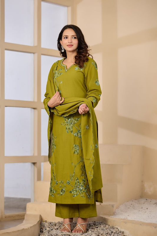 Olive Green Embroidered Cotton Kurta Set with Dupatta | Festive Ethnic Wear