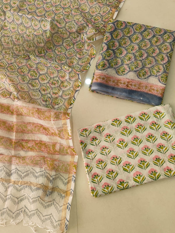 Pastel Pink & Green Hand Block Print Kota Dupatta