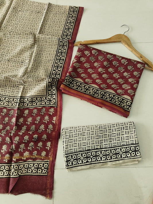 EXCLUSIVE HAND BLOCK CHANDERI SILK SUIT SET WITH CHANDERI DUPATTA