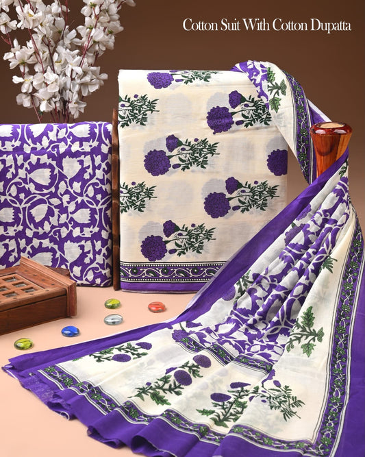 Exclusive Hand Block Cotton Suit With Cotton Dupatta(BFCOT123)