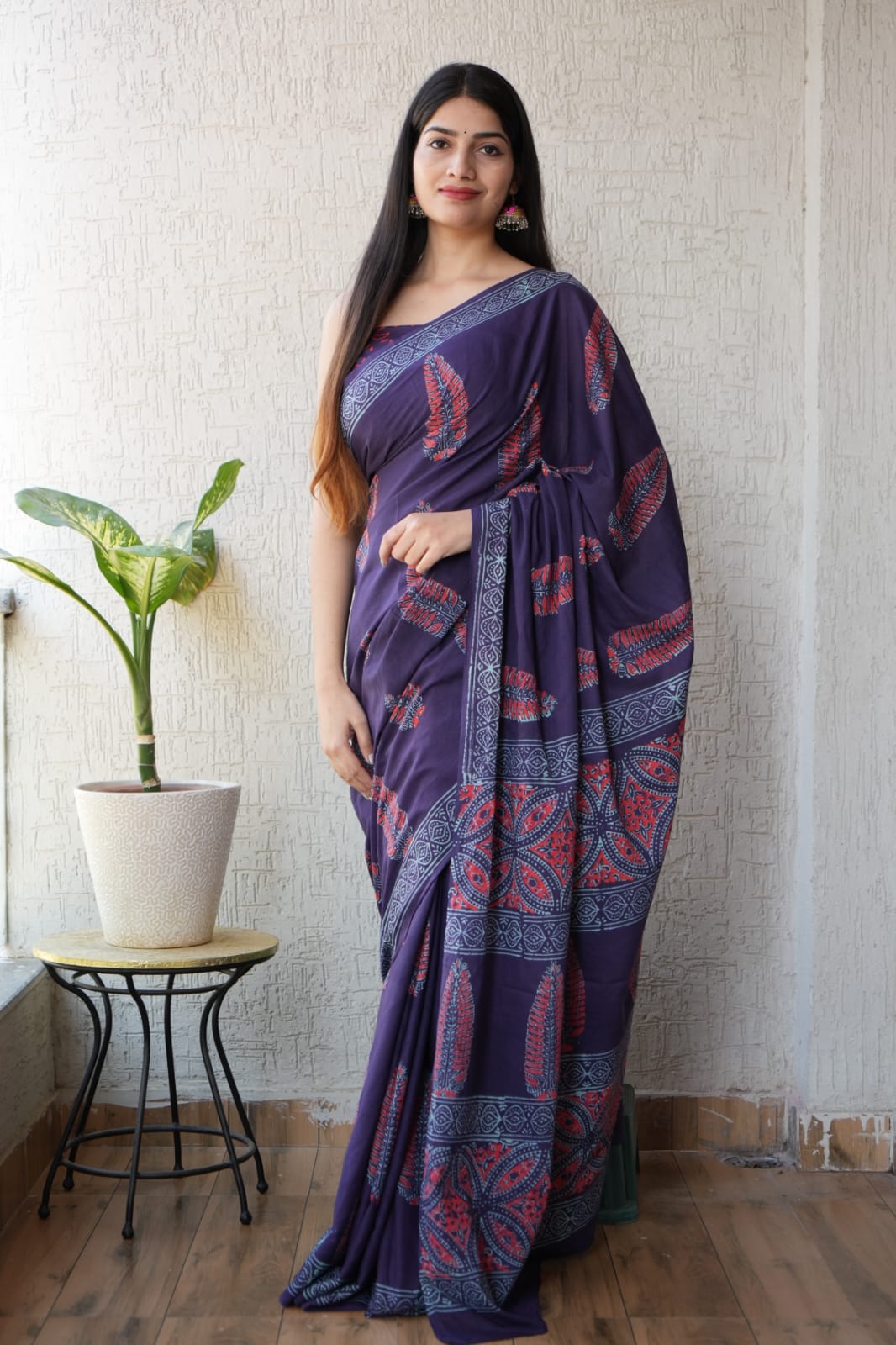 Purple Printed Cotton Saree (BFCS06)