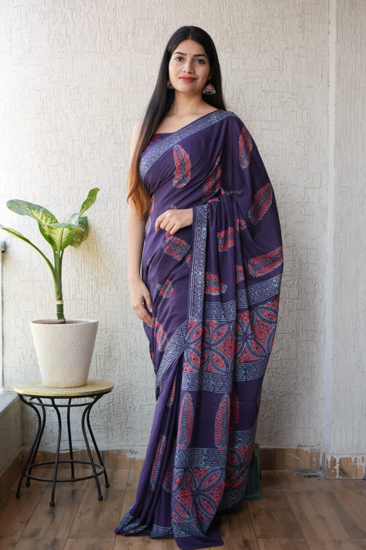 Traditional Authentic Hand Block Printed Pure Organic Cotton Sarees With matching Blouse