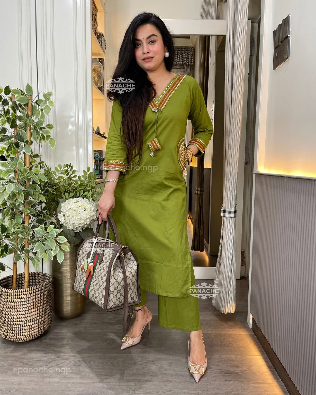 Mehendi Green Hand Work Cotton Kurta Pant Set