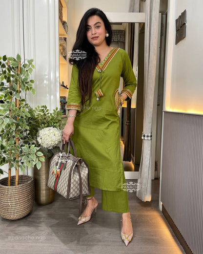 Mehendi Green Hand Work Cotton Kurta Pant Set