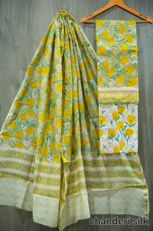 Bright Yellow & Green Genda Phool Hand Block Print Chanderi Silk Dress Material (BFCHS32)