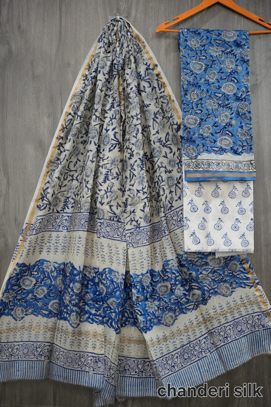 Royal Blue & White Hand Block Print Chanderi Silk Dress Material (BFCHS09)