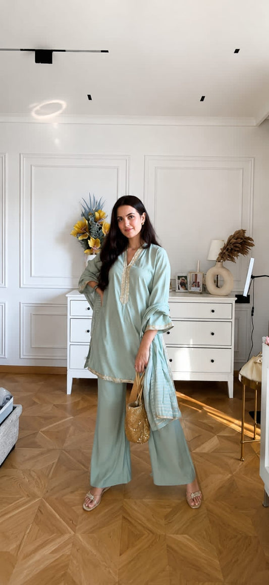 Sage Green Pure Banana Silk Plazo Suit Set | Designer 3Pc Kurta with Jacquard Dupatta