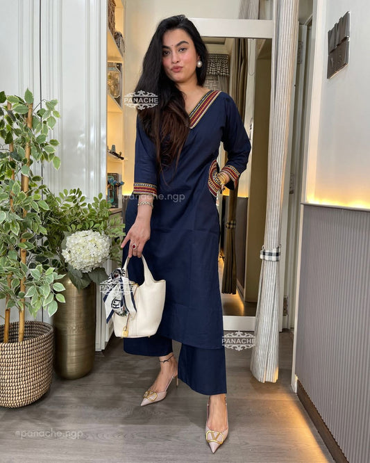 Navy Blue Hand Work Cotton Kurta Pant Set | Ethnic Neck Embroidery