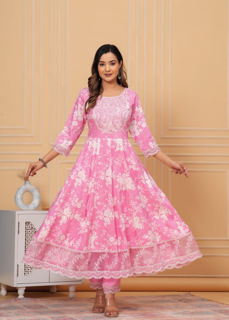 Beautiful ANARKALI KURTA with heavy  embroidery  work  on yoke along with pants with duppata