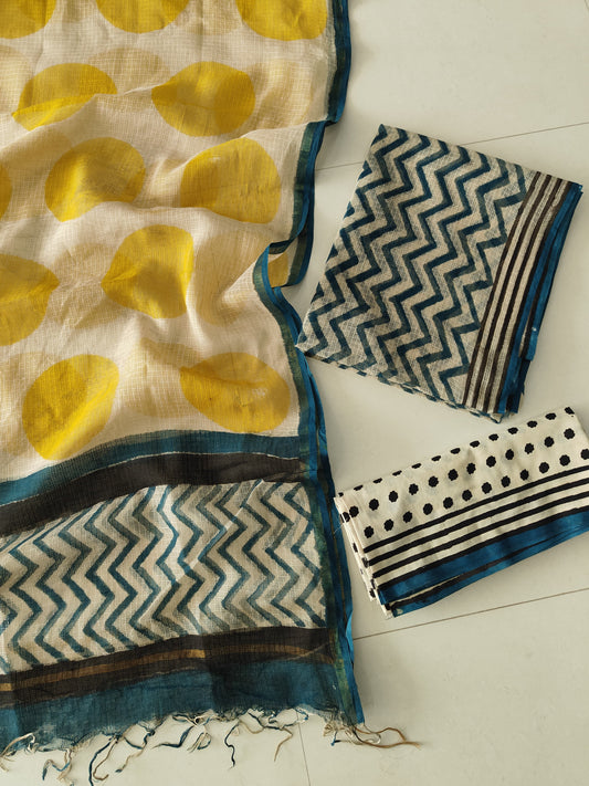 Yellow Teal & Black Geometric Block Print Kota Doriya Suit | Vibrant (BFFKO97)