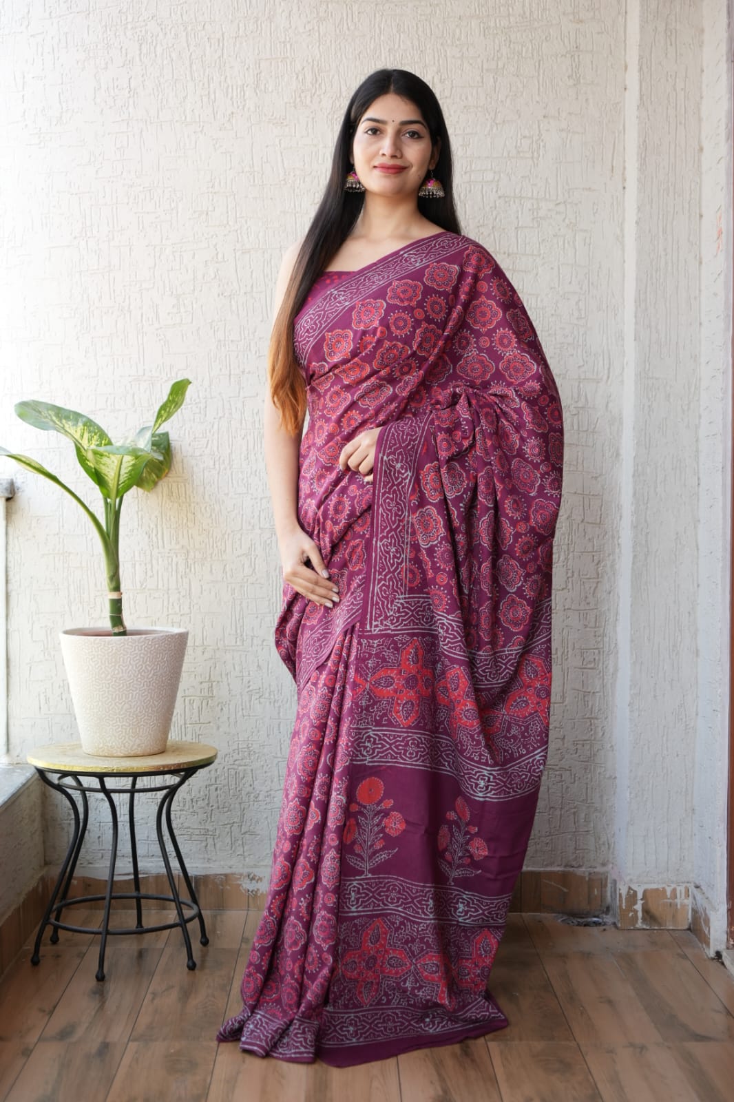 Wine Printed Cotton Saree – Soft Cotton Saree for Women (BFCS26)