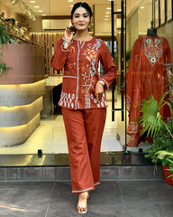 New launch
coord - set for summer  

Premium cotton 60*60  top with beautiful embroidery work

Paired up with premium cotton  pant with   embroidery work