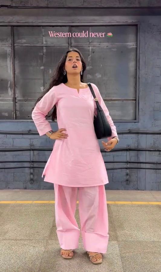 Baby Pink Pure Cotton Farshi Salwar Suit Set
