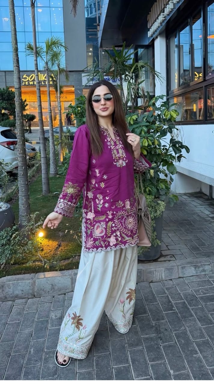 Rang-E-Malka Plum Purple Heavy Embroidered Farsi Suit Set | Modal Cotton