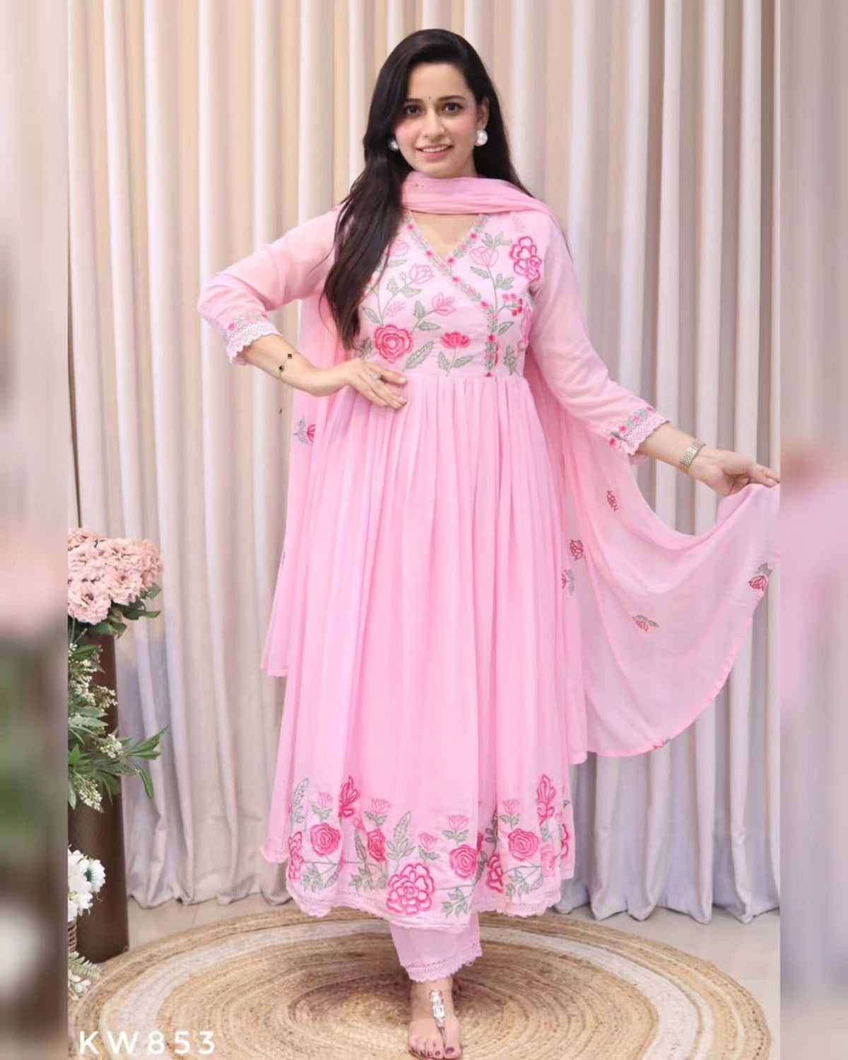 Baby Pink Floral Embroidered Anarkali Kurta Set for Women
