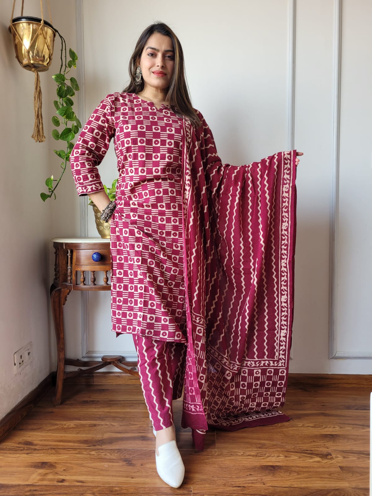 Navy Blue Printed Cotton Suit with Cotton Dupatta for Women