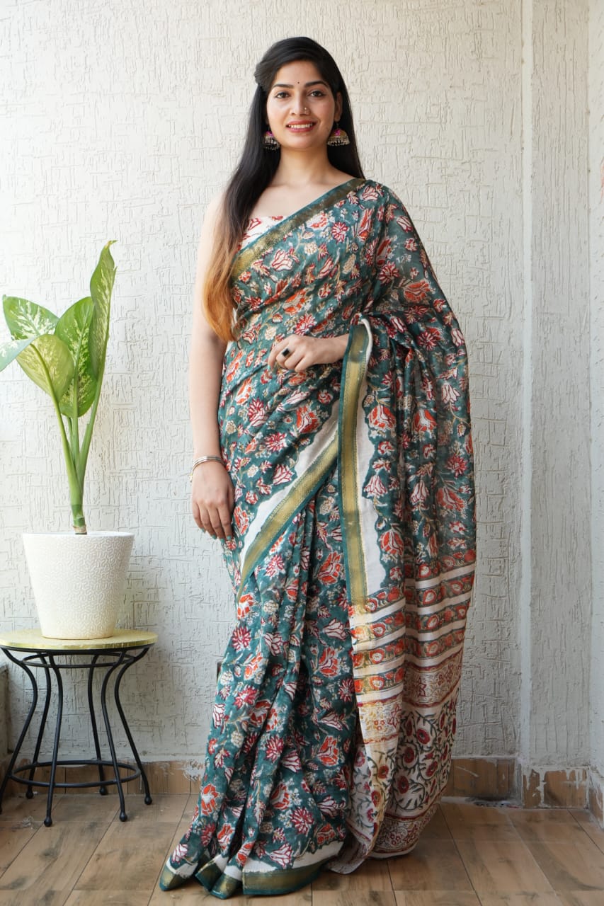New Designer Hand Block Print Maheshwari Silk Saree (BFMSARE64)