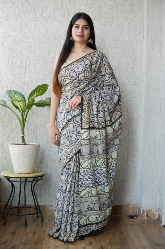 Blue Printed Cotton Saree – Soft Cotton Saree for Women (BFCS09)