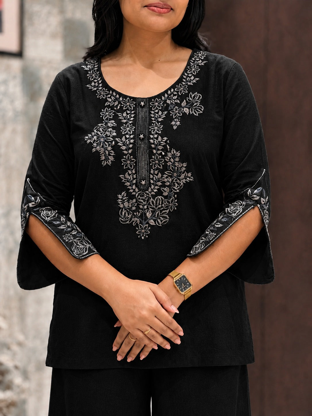 Black Cotton Embroidered Co-ord Set with Plazo