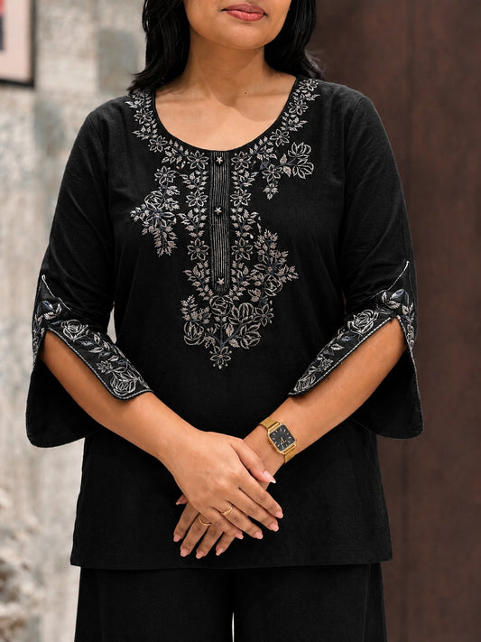 Black Cotton Embroidered Co-ord Set with Plazo