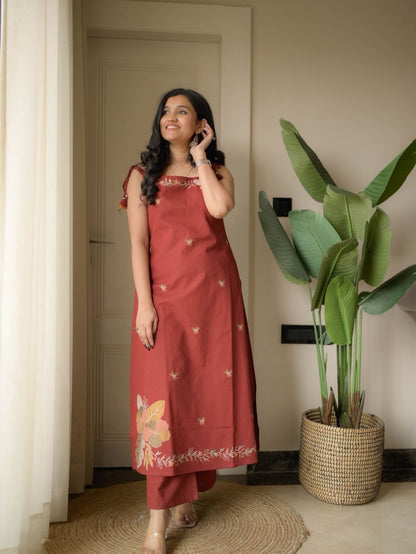 Rust Red Heavy Embroidery Sleeveless Cotton Flex Kurta Pant Set