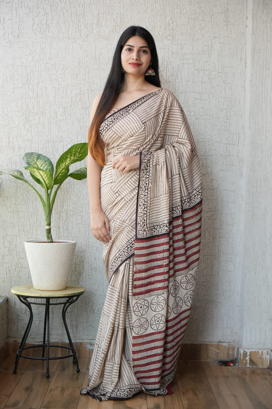 Traditional Authentic Hand Block Printed Pure Organic Cotton Sarees With matching Blouse